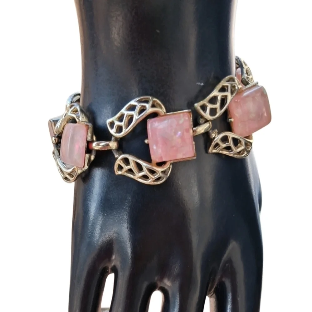 Vintage Coro Pink Confetti Lucite Bracelet Gold Tone Openwork Mid-Century Modern